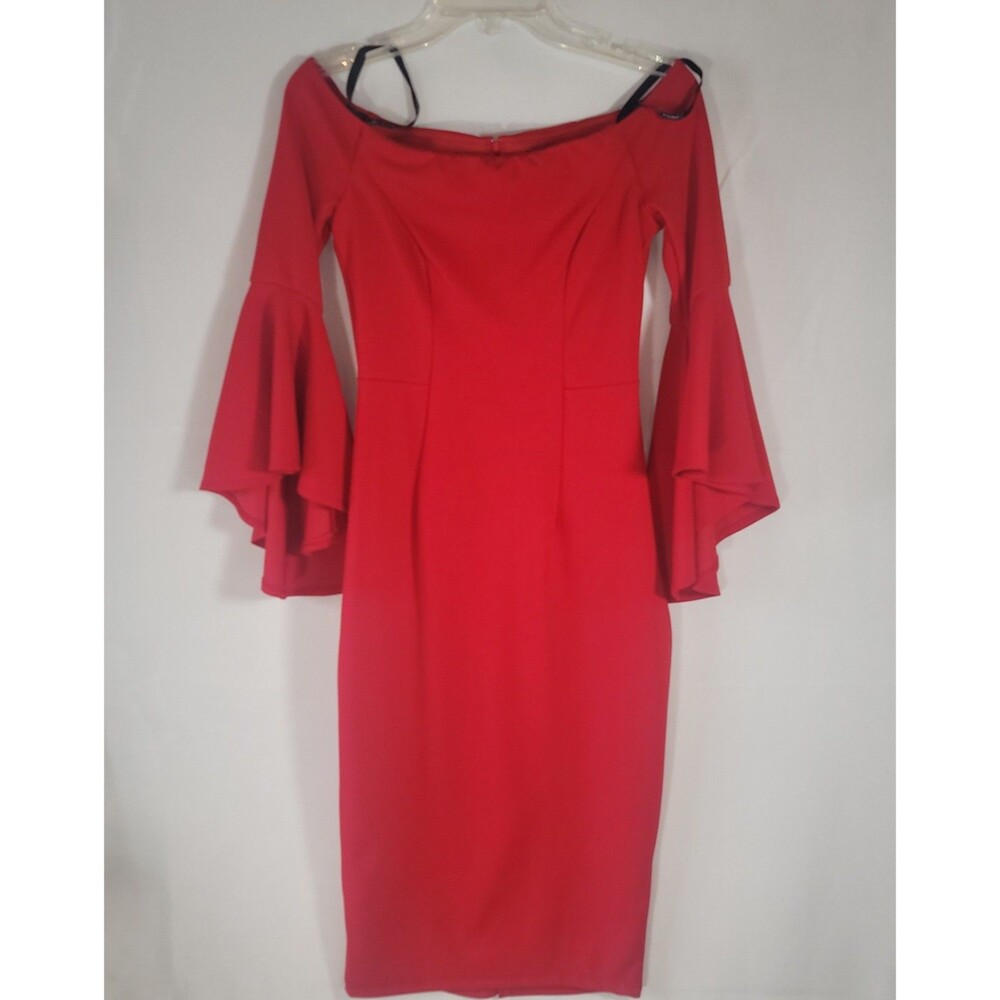 Bisou Bisou Michele Bohbot Red Off Shoulder Bell Sleeve Midi Bodycon Dress 2